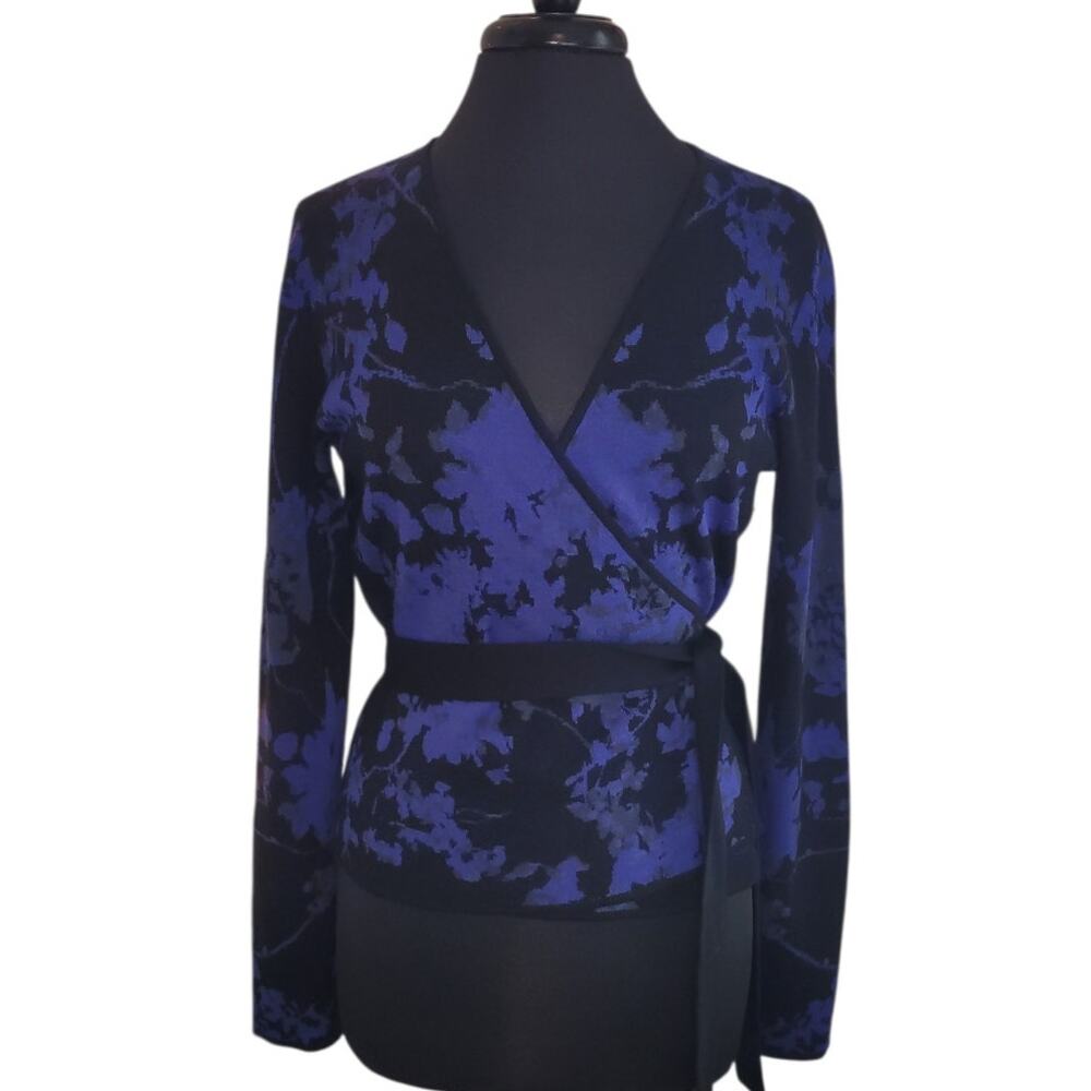 DVF Kyla Merino Wool Wrap Sweater Floral Blue L NWOT Ballerina Designer Chic